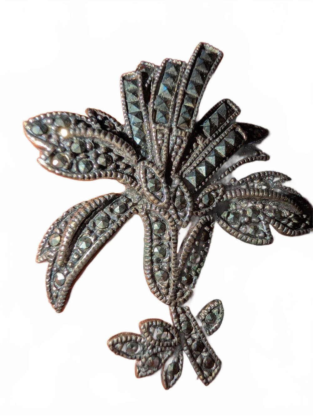 Vintage Floral Marcasite Brooch Pin clasp needs repair